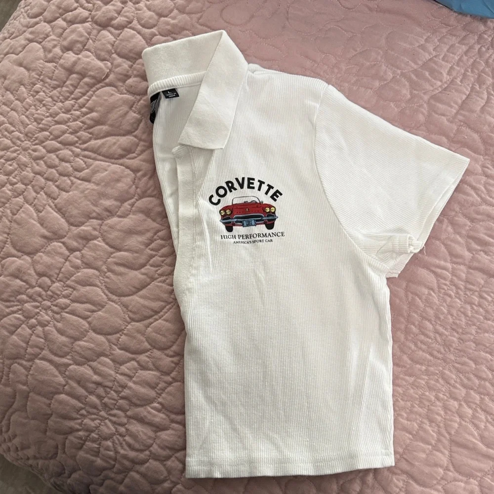 Chemistry White Cropped Polo with Red Corvette Graphic - Picture 3 of 3